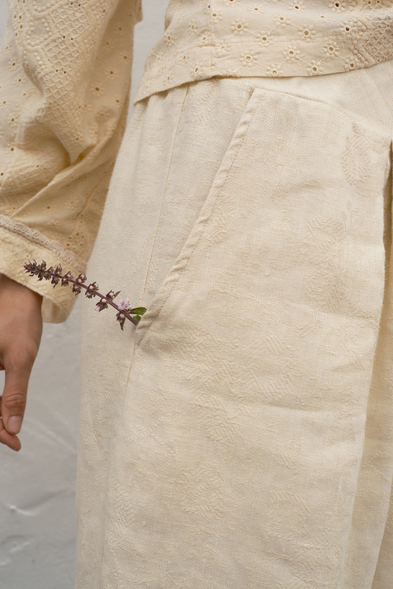 Close-up of beige pants with a small plant on a neutral background