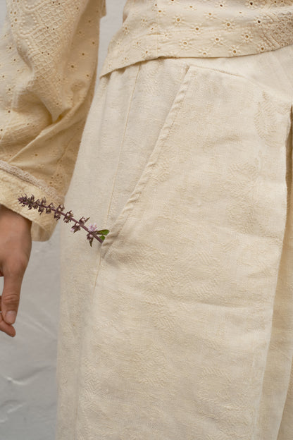 Close-up of beige pants with a small plant on a neutral background